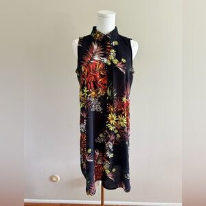 Neiman Marcus Black Floral Sleeveless Shirt Dress with Red and Yellow Accents